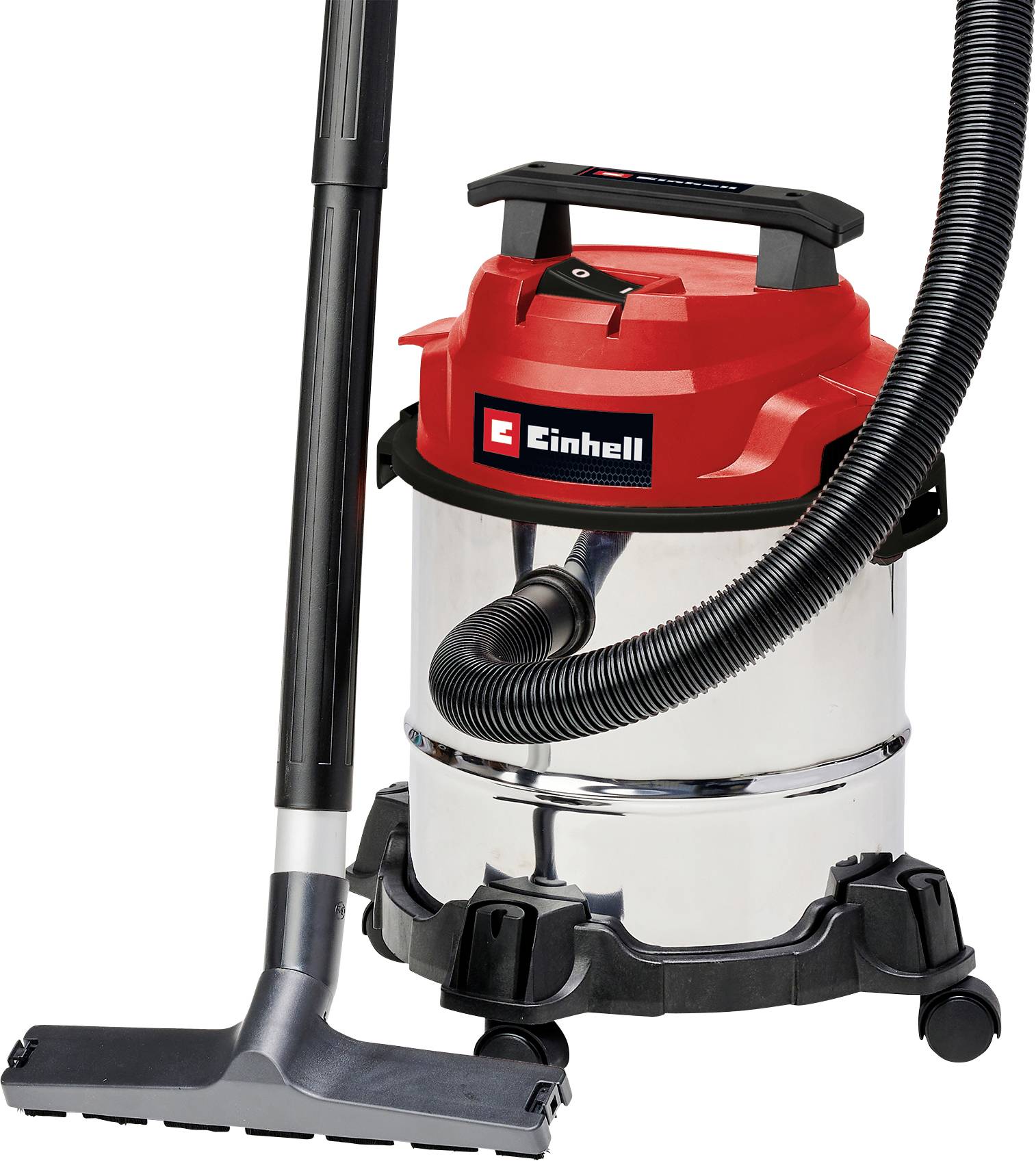 Wet and dry vacuum cleaner in red and silver with Einhell logo, fitted with a hose and floor nozzle, suitable for versatile cleaning tasks.