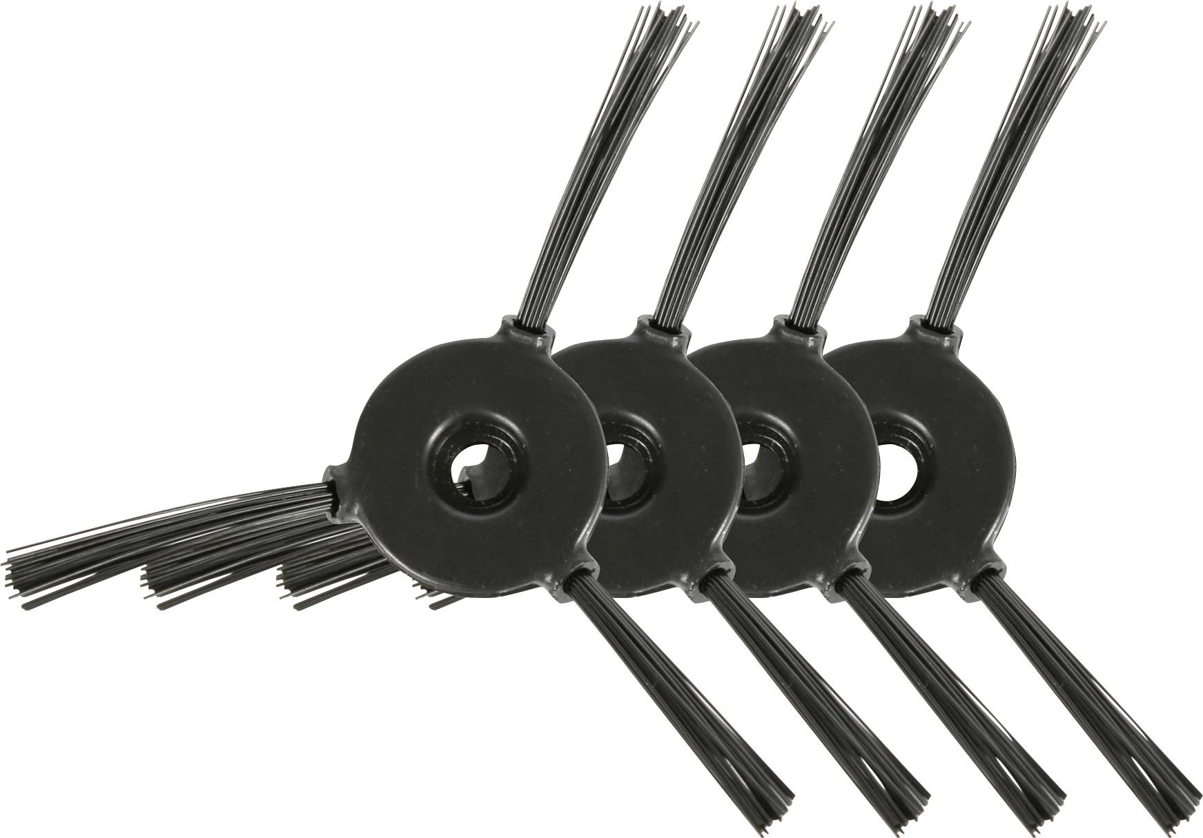 Four black round brush heads with bristles arranged evenly side by side.