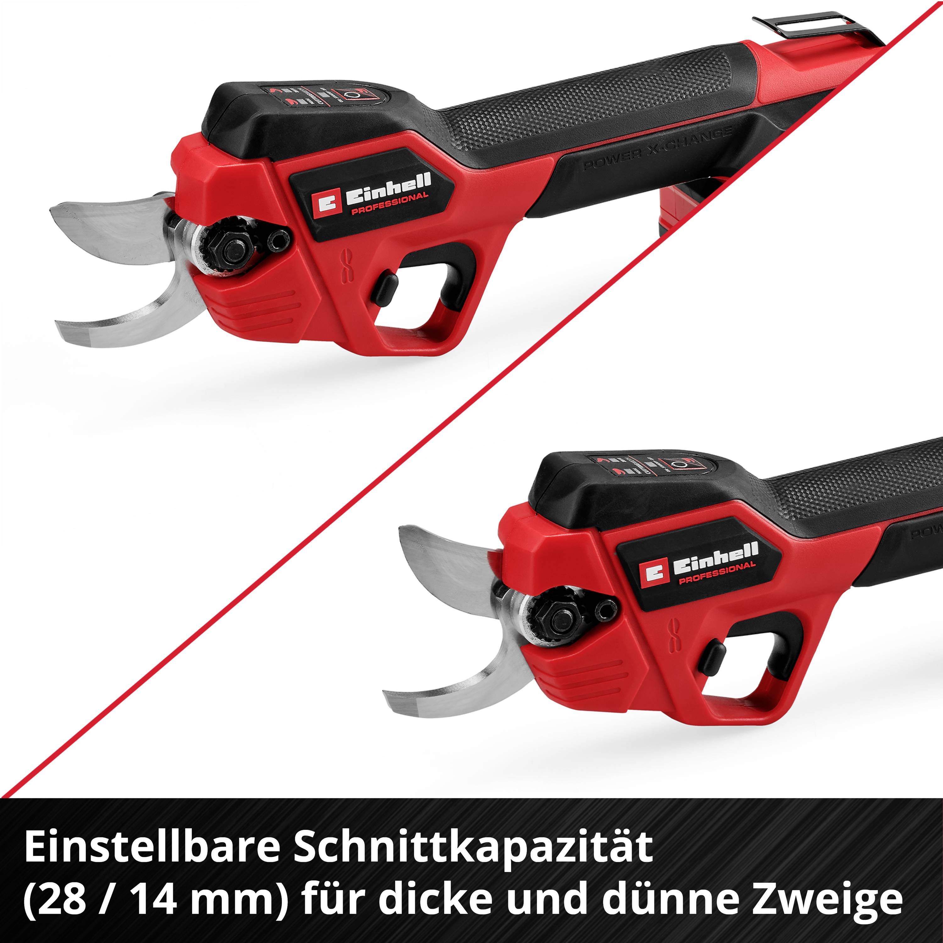 Electric pruning shears with adjustable cutting capacity (28/14 mm) for thick and thin branches, Einhell brand.