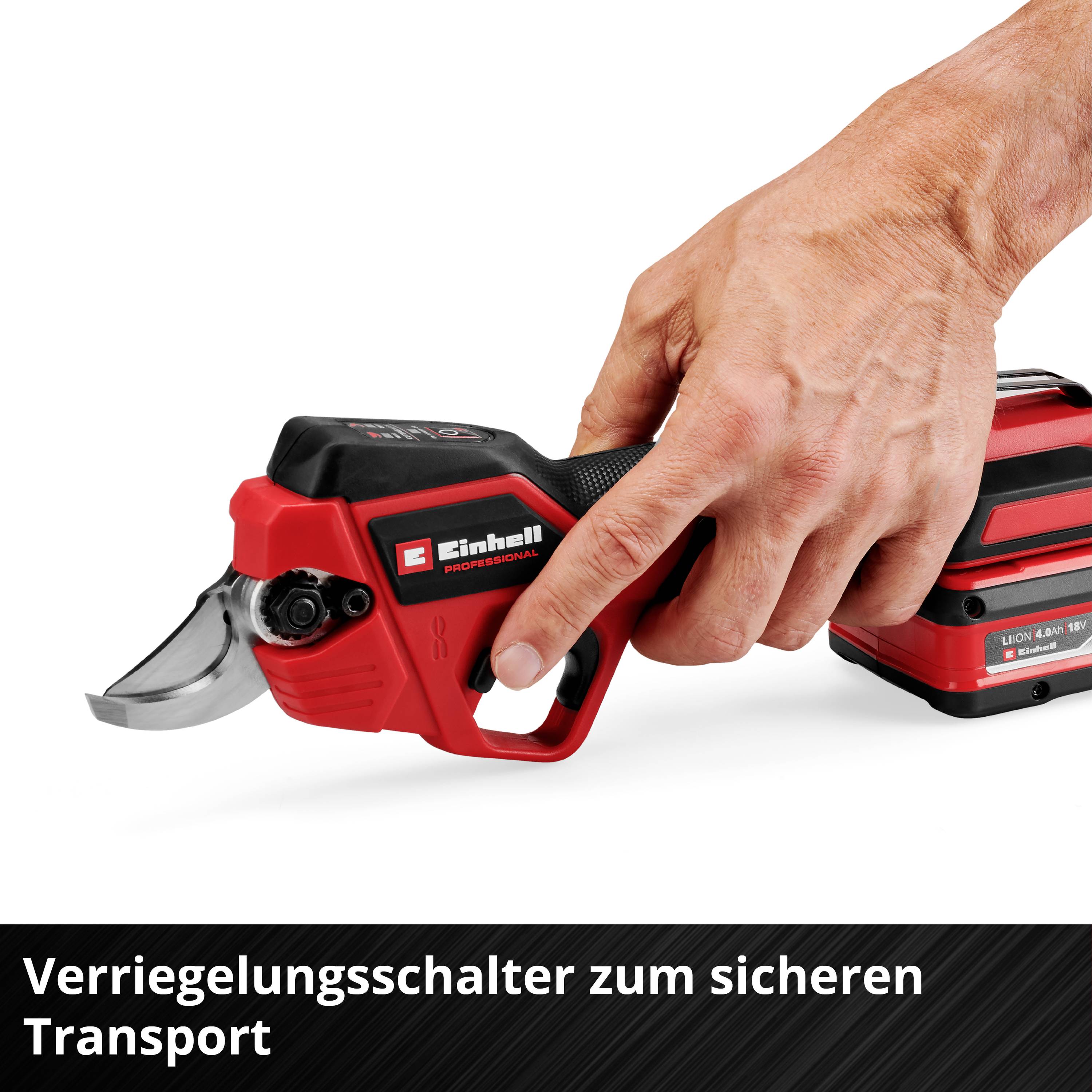 A hand is holding a battery-powered pruning shears with a red handle. Text below: 'Locking switch for safe transportation'.