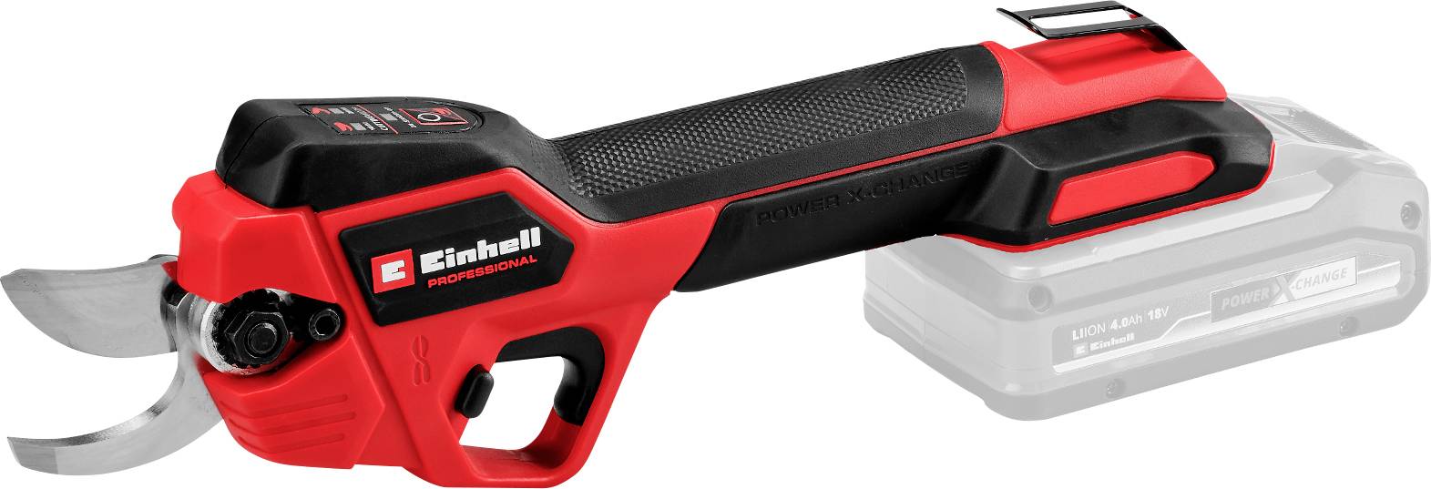 Battery-powered garden secateurs with red and black design. Suitable for cutting branches and shrubs.