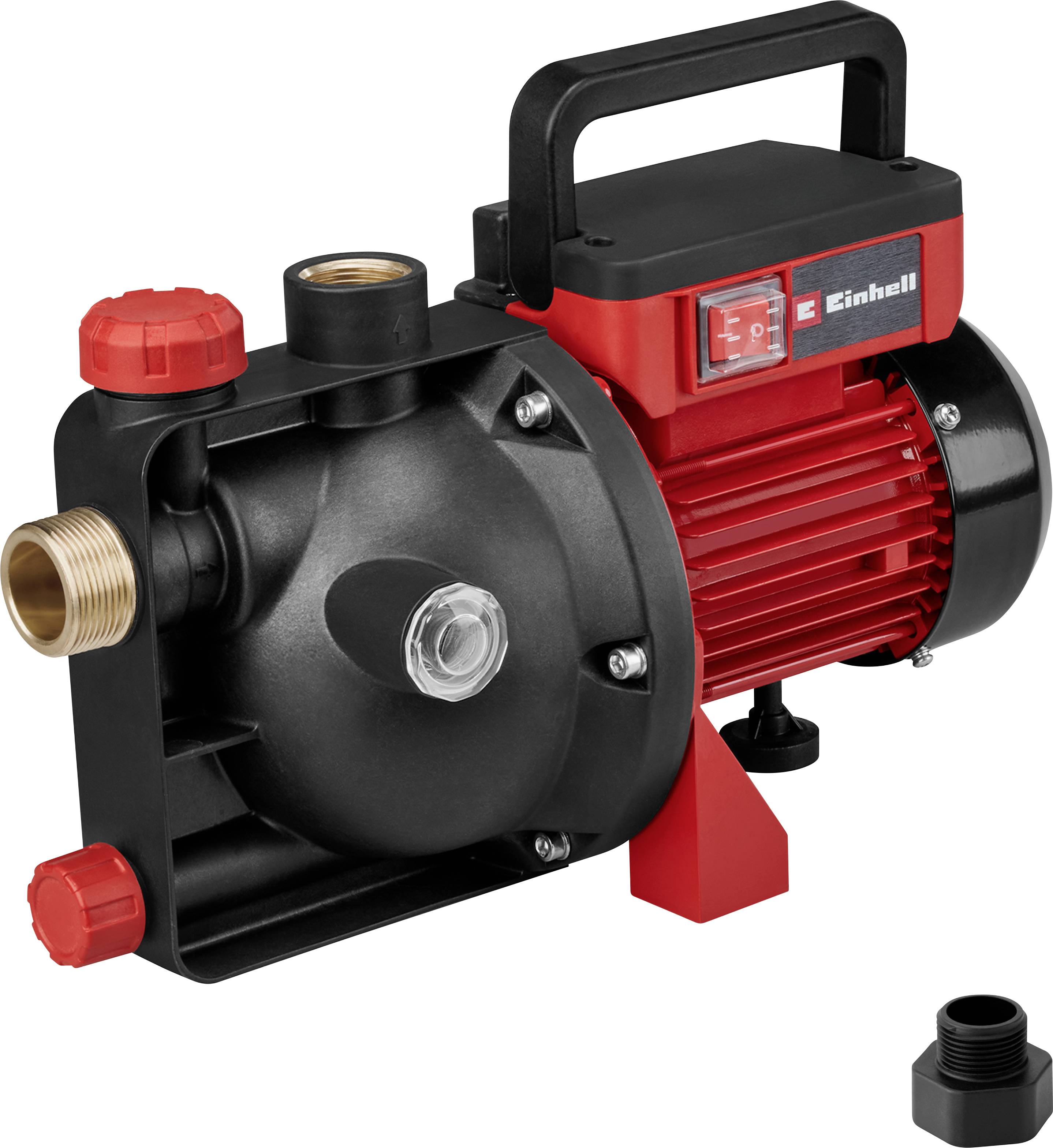 Portable electric water pump with black and red housing, handle, power switch, and visible inlet and outlet fittings on a white background.