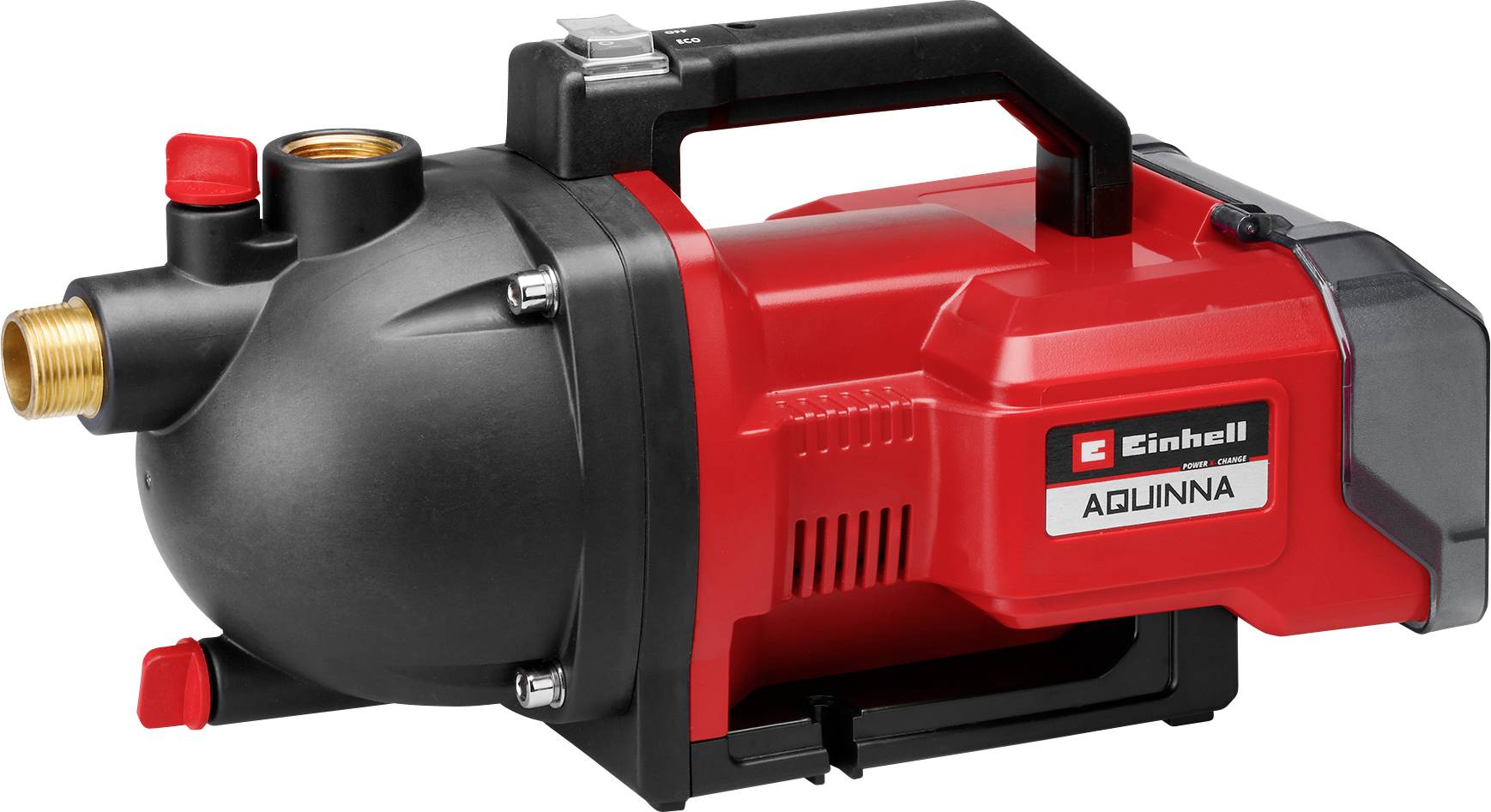 Red and black Einhell AQUINNA garden water pump with carry handle and brass inlet/outlet fittings on a white background.