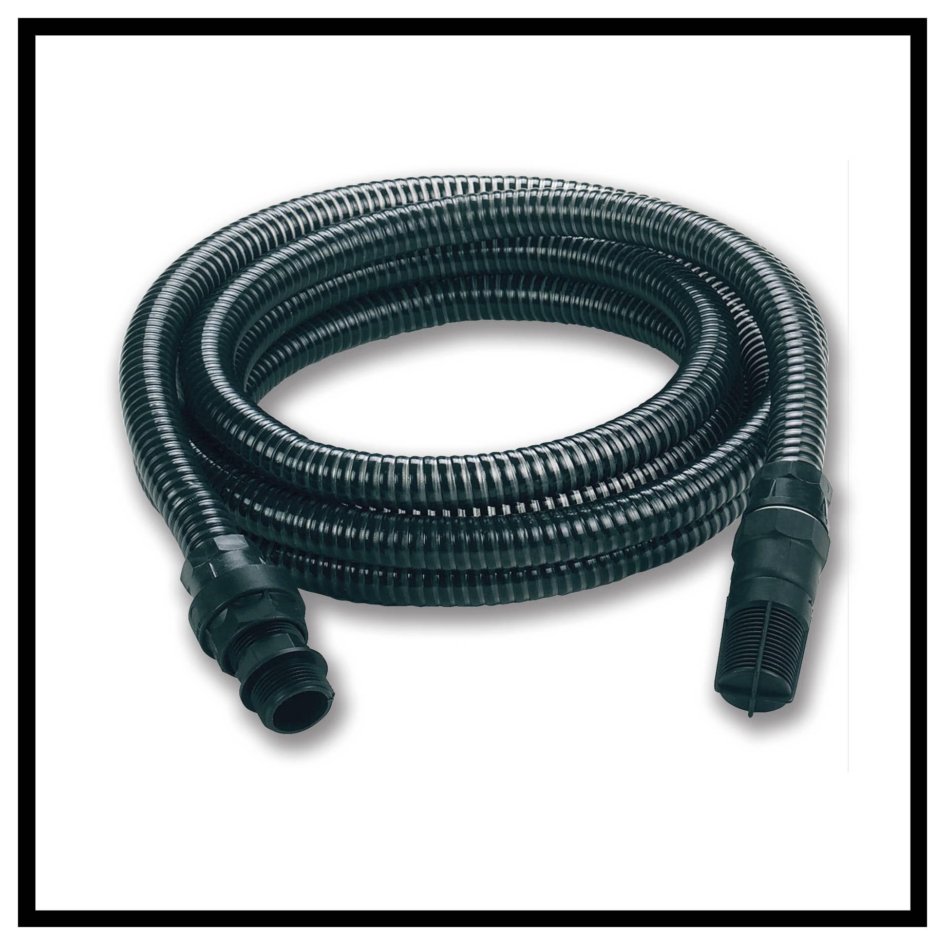 A flexible black corrugated hose with connectors at both ends, suitable for water drainage or pumping purposes.