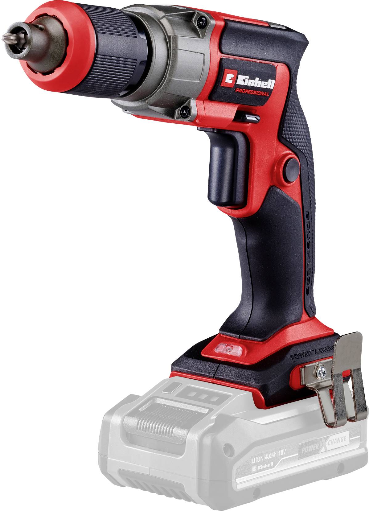 Cordless drill in red and black with an ergonomic handle and LED light, battery compartment located at the base. Suitable for DIY projects.