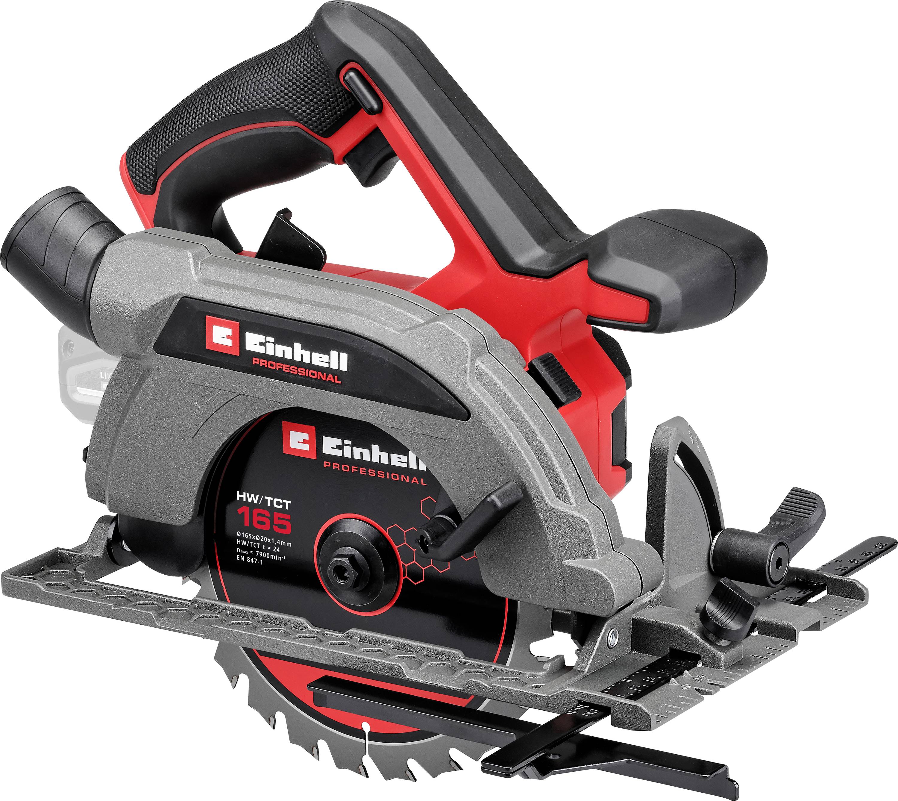 Circular saw with red and grey design, marked with 'Einhell Professional', with visible saw blade and guide rail.