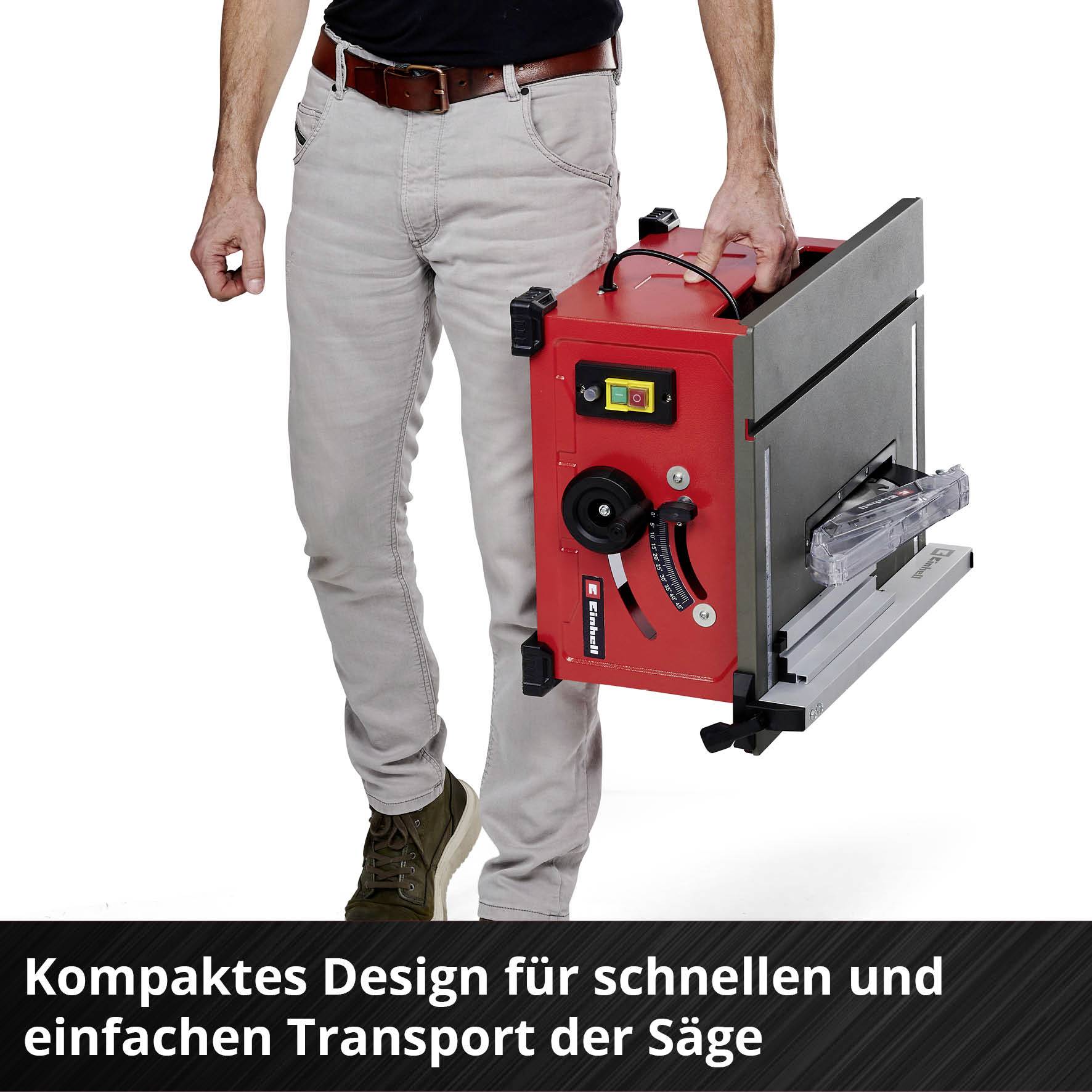 A person is carrying a compact, red table saw with a user-friendly design. Text: 'Compact design for quick and easy saw transportation'.