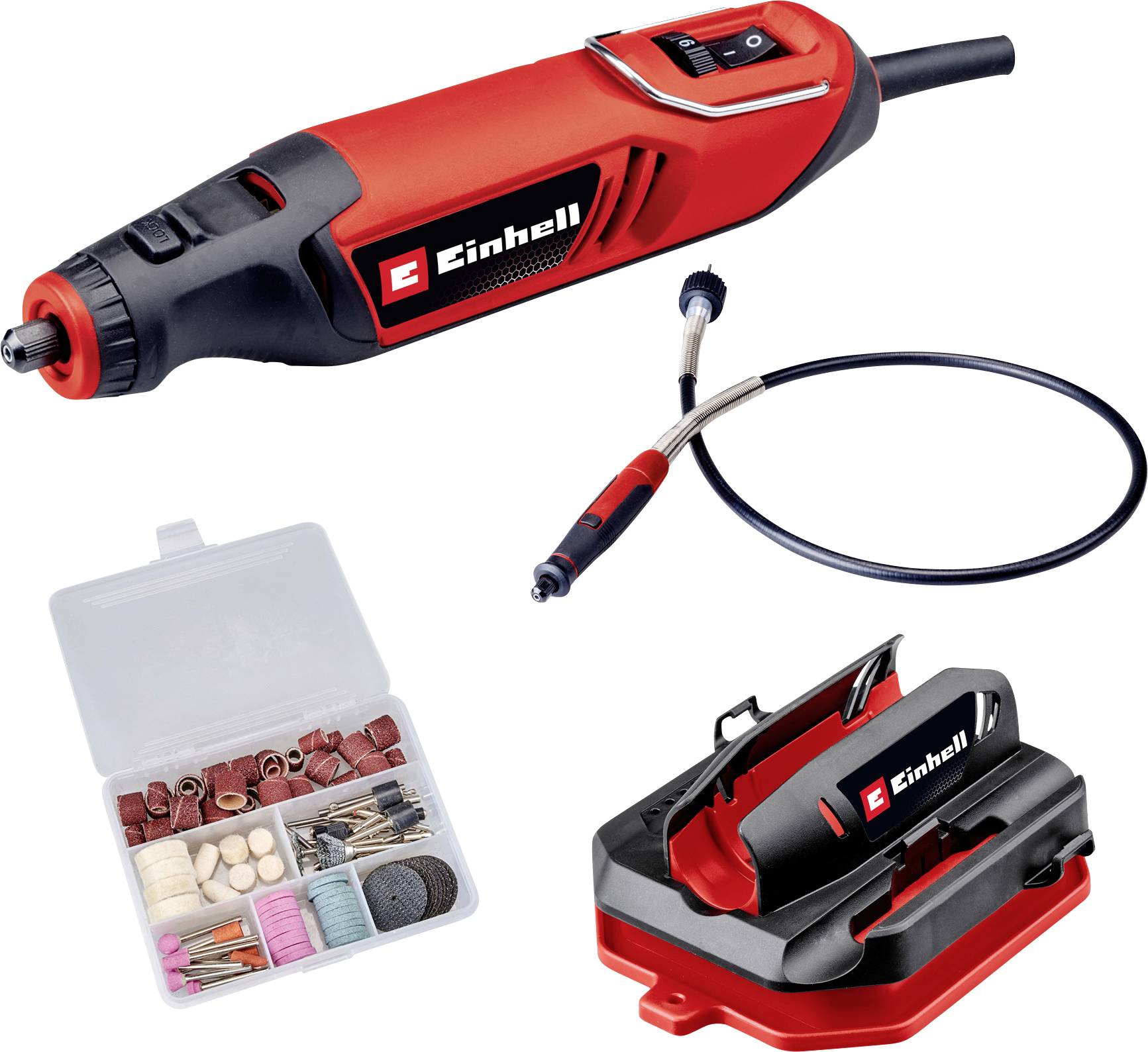 Einhell red and black multifunctional power tool with accessory set, suitable for DIY projects. Includes sanding, cutting, and polishing attachments.
