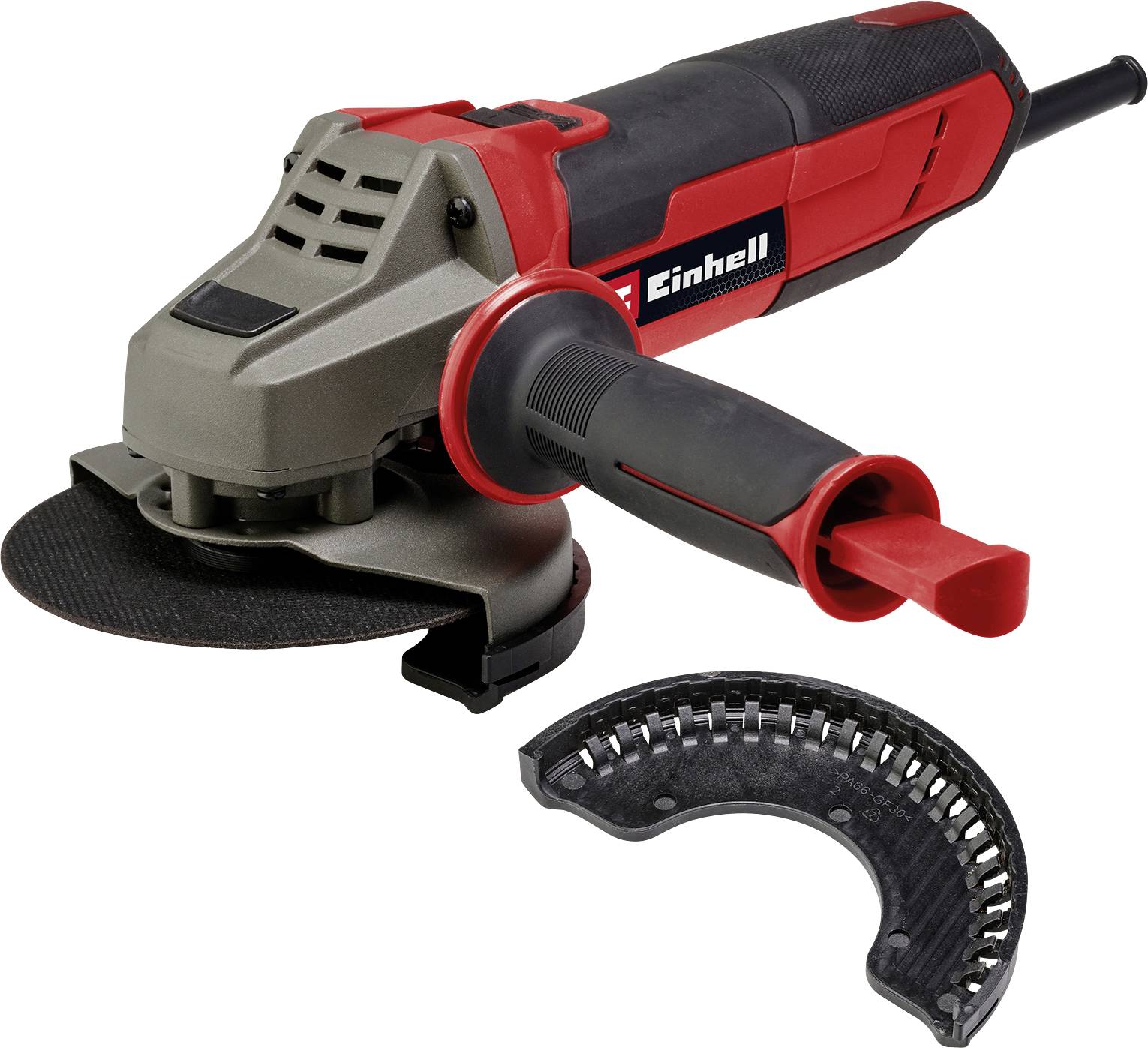 Einhell angle grinder in red and black with additional protective guard; suitable for grinding and cutting work.