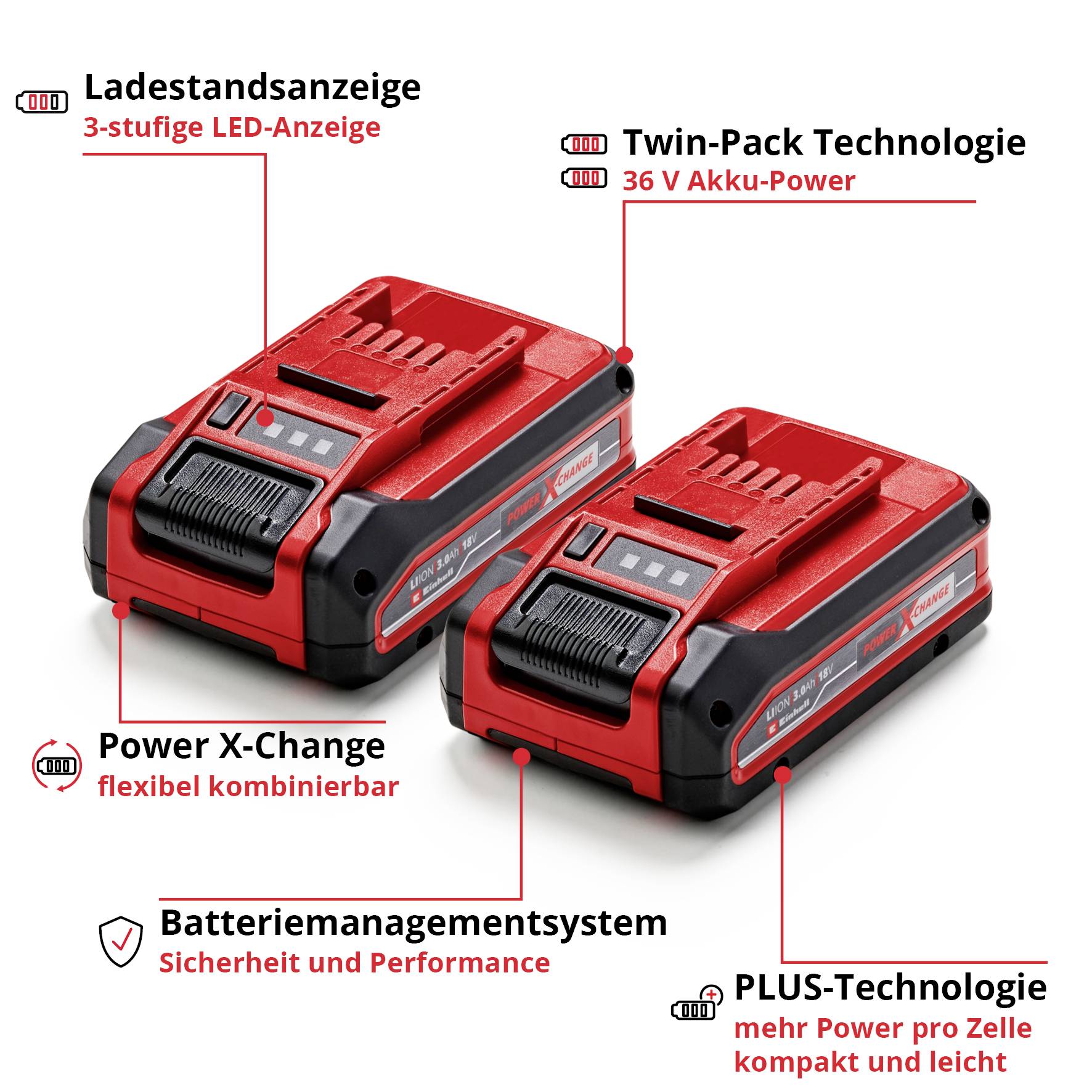 Two red and black batteries with markings: battery level indicator, twin-pack technology, Power X-Change, battery management system, PLUS technology.
