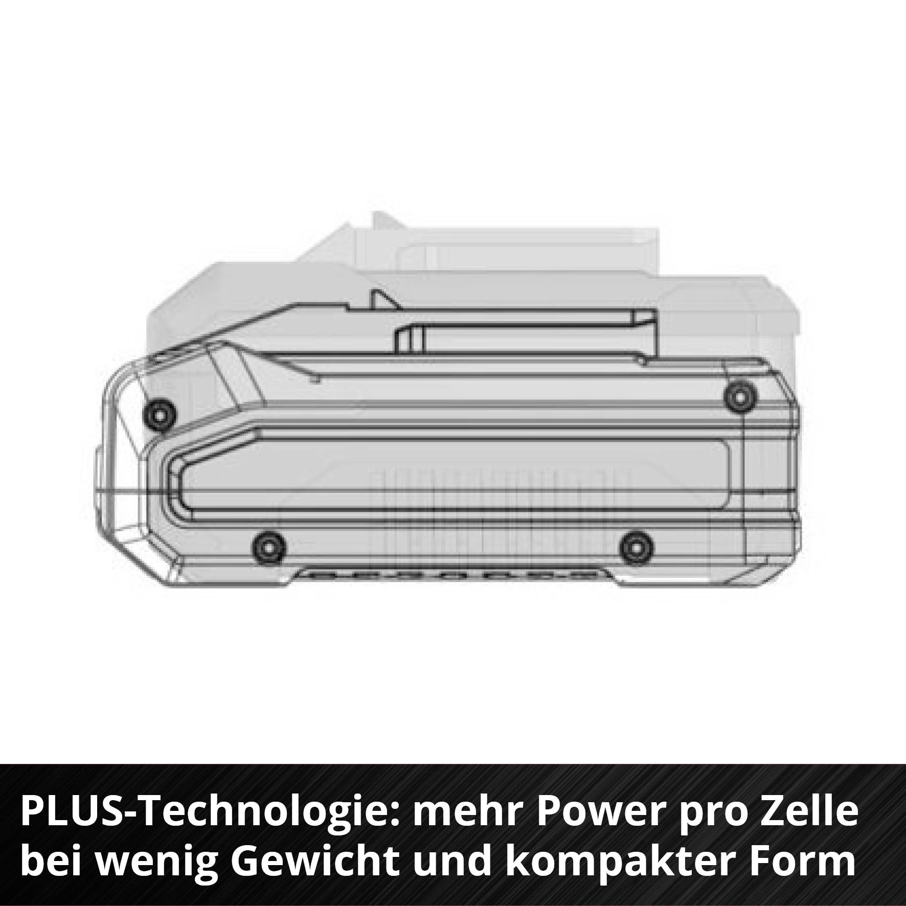 Black and white sketch of a battery with PLUS technology, providing greater performance per cell with low weight and compact form.