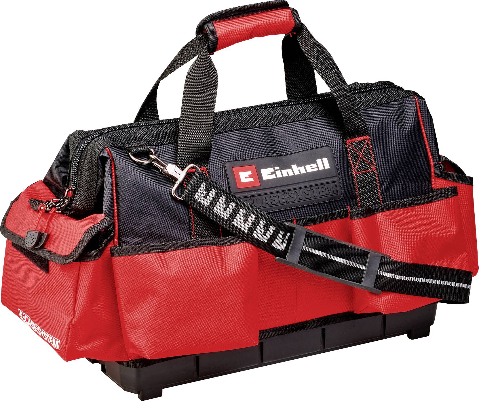 Red and black tool bag with carrying strap and multiple compartments, by the brand Einhell.