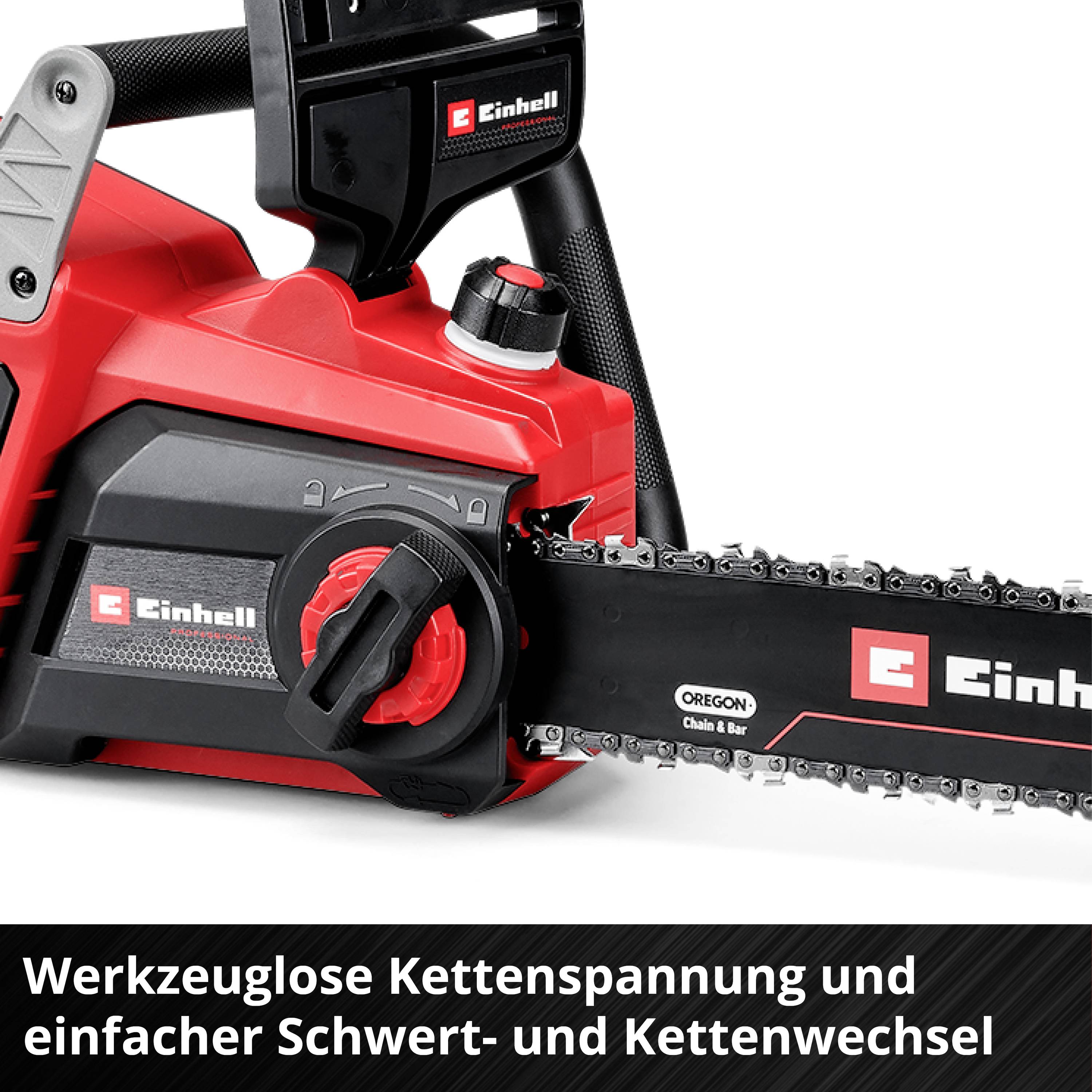 A red Einhell chainsaw with tool-free chain tensioning. In the foreground, the guide bar and chain are visible.