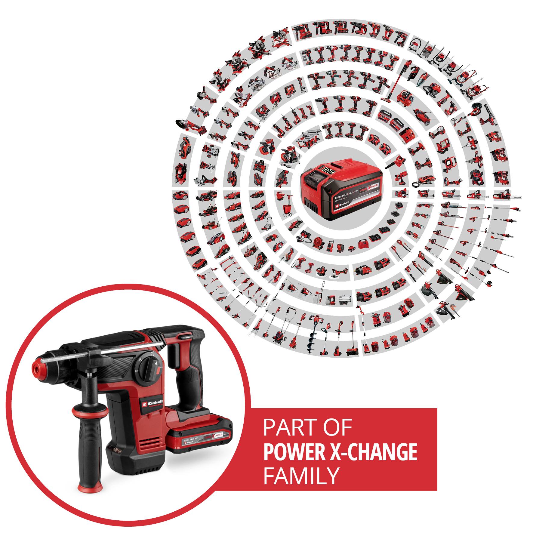 Cordless hammer drill with numerous compatible tools from the 'Power X-Change' series, arranged in a circular pattern.
