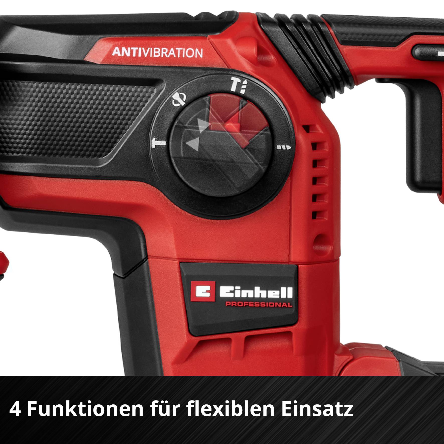 A red rotary hammer with anti-vibration function, Einhell logo. Text: 4 functions for flexible use.