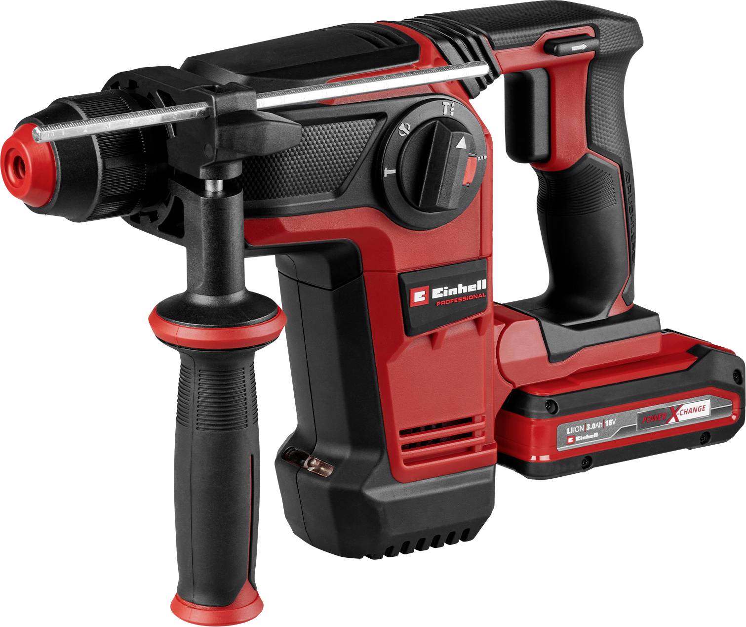A red cordless hammer drill with a black handle and Einhell logo. It is battery-powered and fitted with an SDS-Plus chuck system.