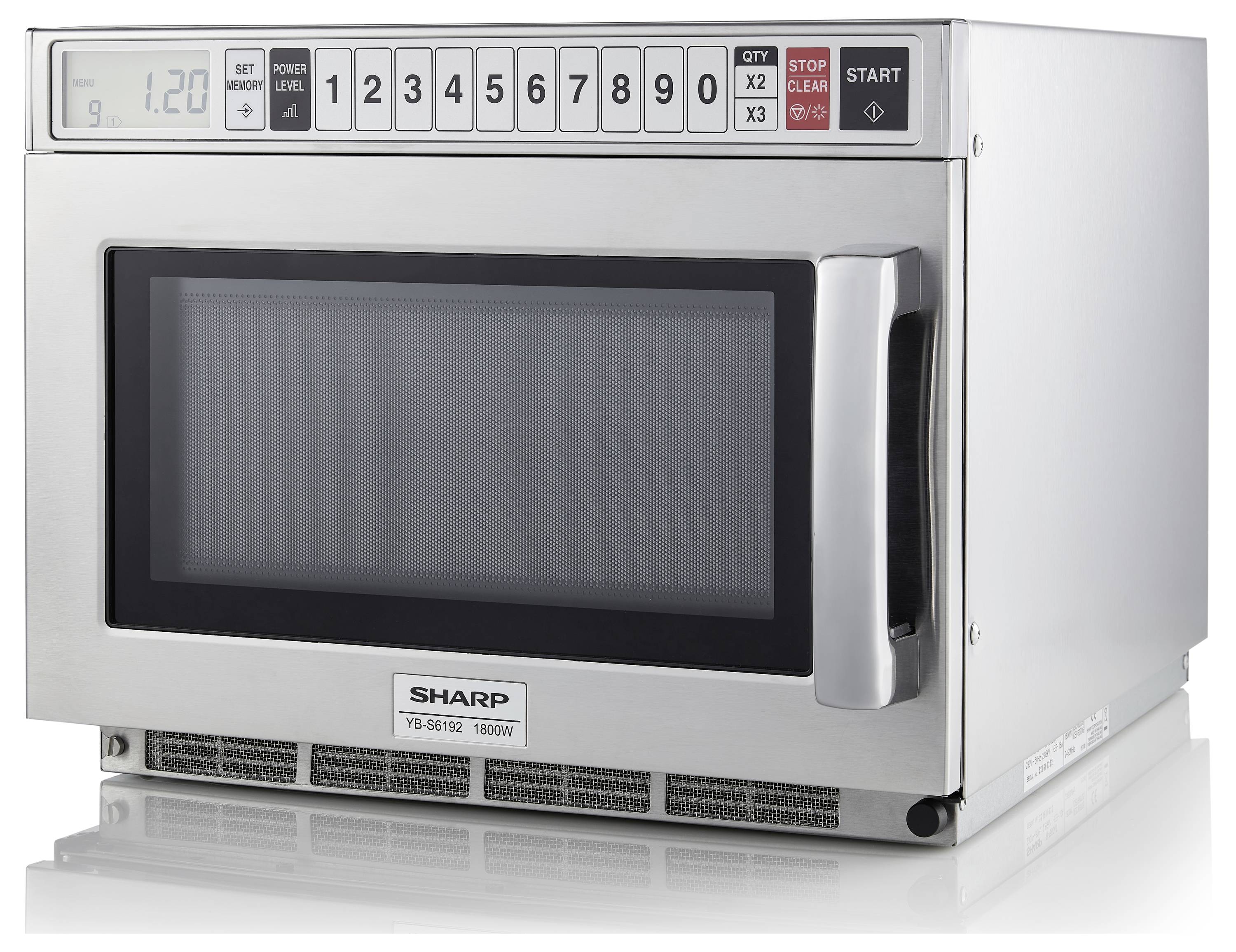 A silver microwave with digital controls on top. The buttons are numbered from 1 to 9. The brand is Sharp.