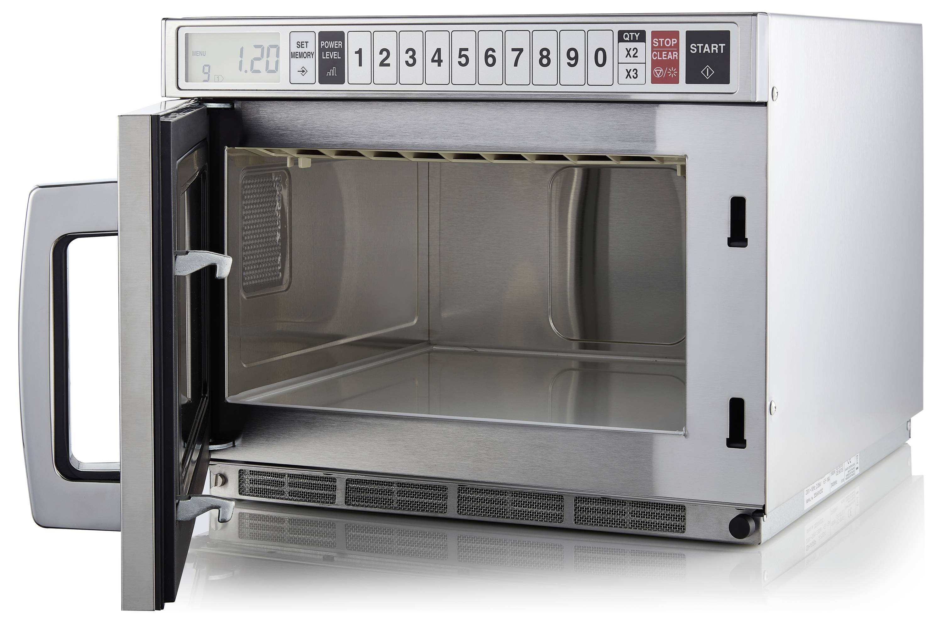 Microwave with open door, digital display and keypad with numbers 1 to 9.