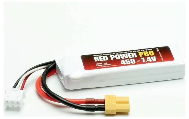Rechargeable Lithium Polymer battery 'Red Power PRO' with 450 mAh and 7.4 V. Shows black and red connection cables.