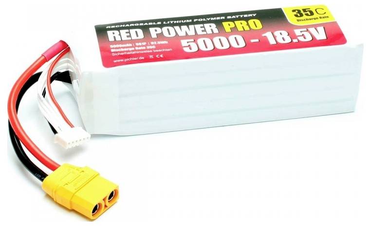 Lithium Polymer Battery, 'RED POWER PRO', 5000mAh, 18.5V, 35C, with yellow connector and leads, suitable for model building.