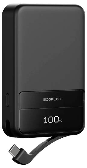 A portable power bank by EcoFlow with an integrated charging cable and a digital display showing '100%'.