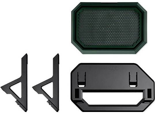 Speaker cover and two black mounts on a white background.