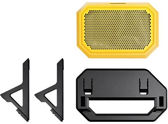 Portable yellow speaker, two black stands and a black mounting bracket; suitable for outdoor activities.