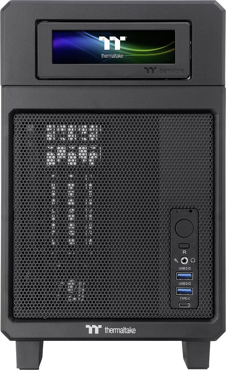 A black computer tower case with a Thermaltake logo, USB ports, and ventilation grilles on the front panel.