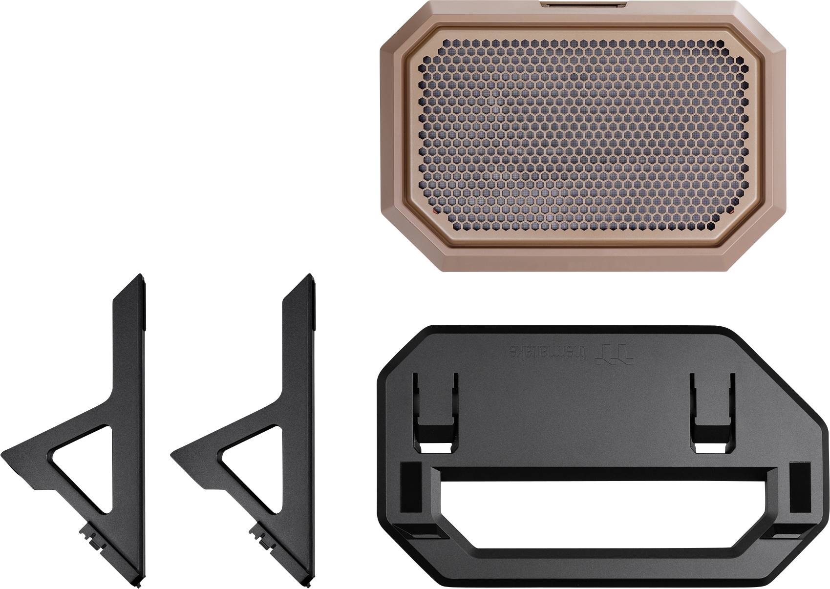A speaker with a honeycomb pattern and a pink surface. Beside it, black mounting brackets and a mounting plate.