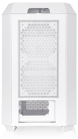 White, minimalist computer case with perforated front for improved ventilation, opening underneath for cable management.