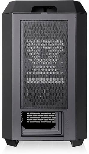 Black computer case, front view, showing ventilation grilles and open drive bay at the bottom.