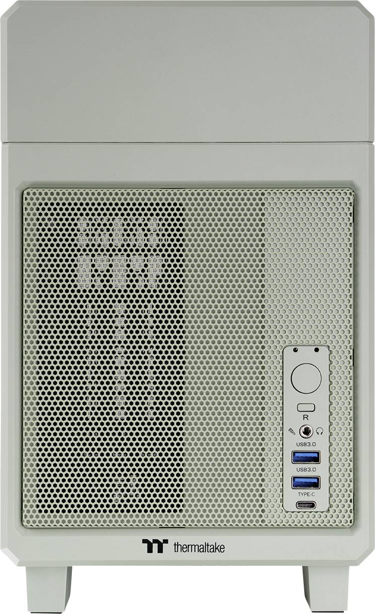 A white computer case with a mesh front and ports, including USB ports and audio sockets. Brand name visible at the bottom.