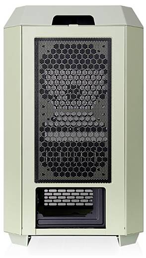 Beige PC tower with a black, honeycomb-style ventilation grille on the front.