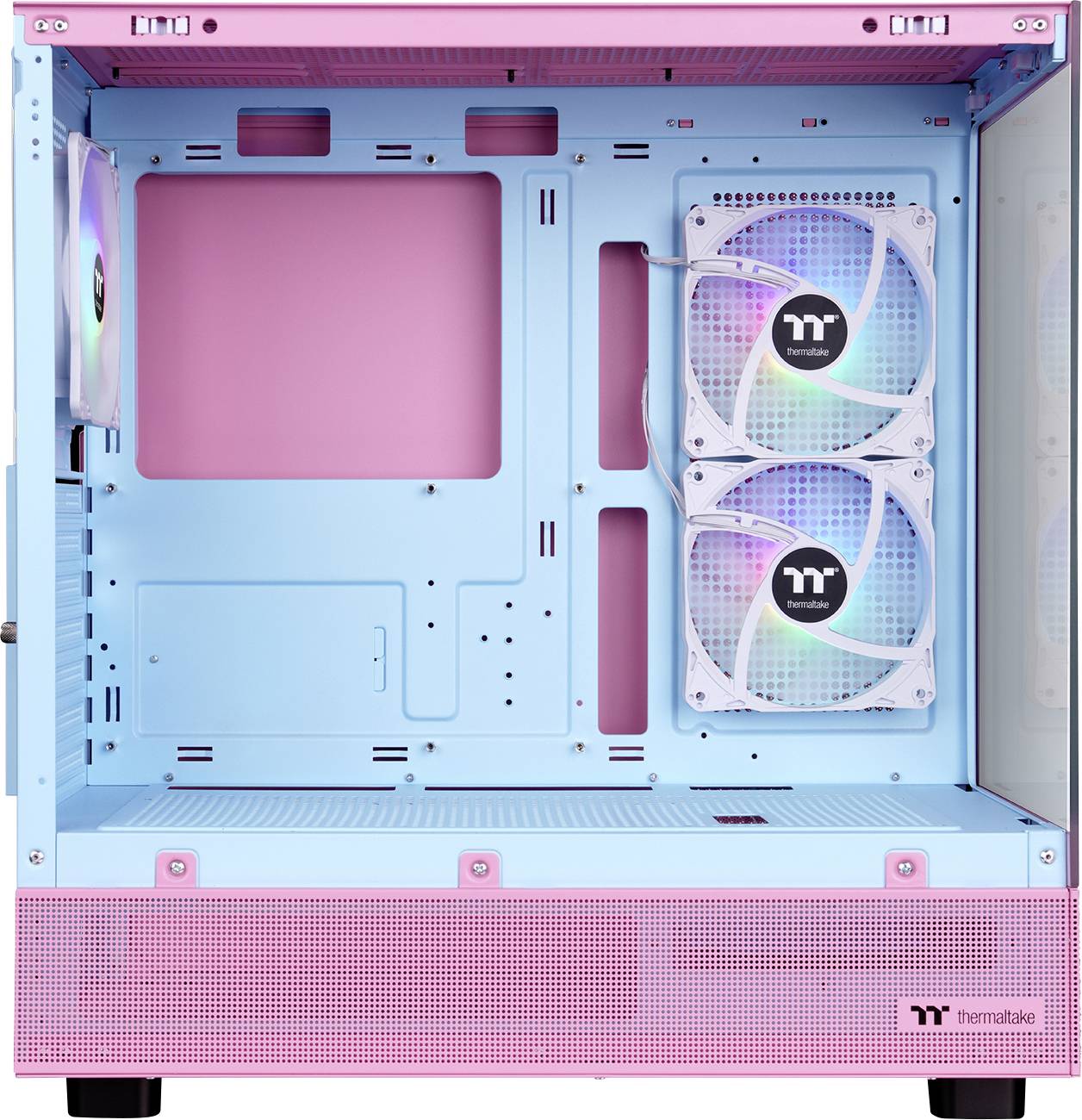 Pink and blue PC case interior, no components installed; two colourful fans mounted on the right-hand side.