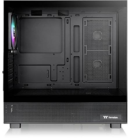 Black computer case with open interior, RGB fan at the rear, multiple ventilation grilles for air circulation.