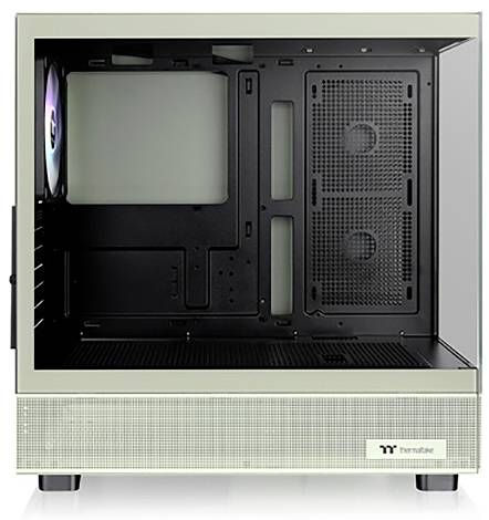 Computer case with a glass side panel, interior empty. Space for components visible. Illuminated fan light in the background.