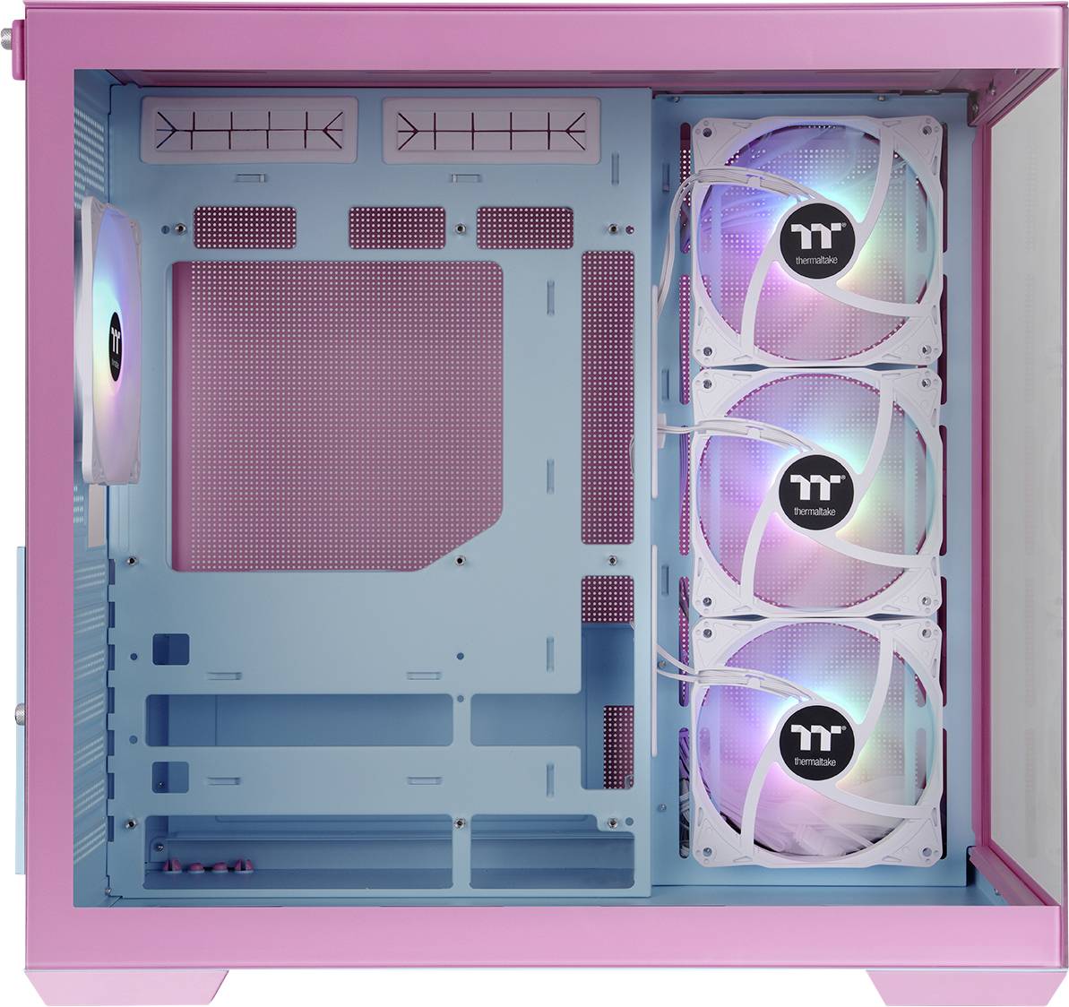 Pink PC case with a transparent side window. Three illuminated fans at the front and one fan visible at the rear.