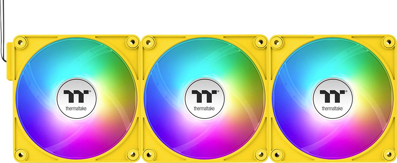 Three yellow computer fans with RGB lighting side by side, displaying a rainbow spectrum.