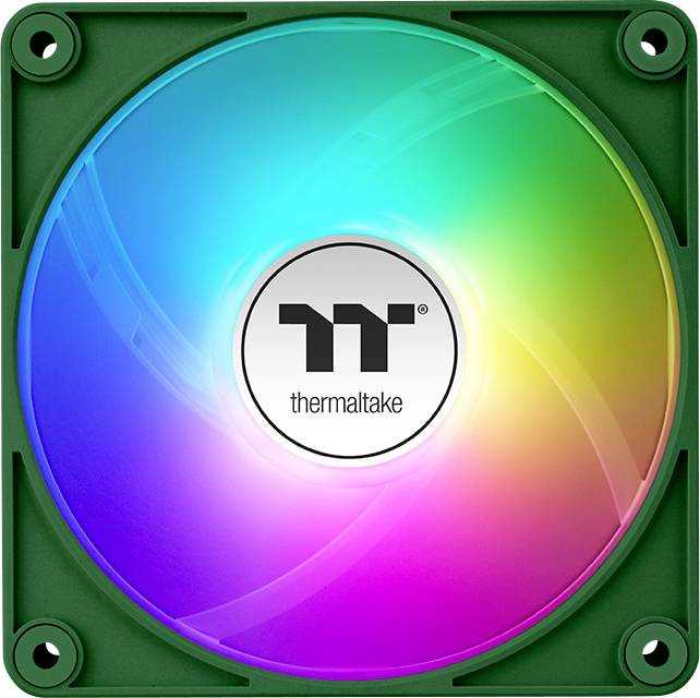 RGB PC fan by Thermaltake with illuminating rainbow colours, mounted on a green frame.