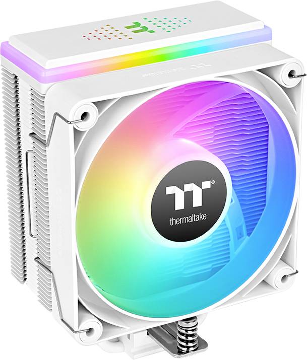 A white computer fan with RGB lighting displays a colourful rainbow gradient. The 'Thermaltake' logo is visible in the centre.