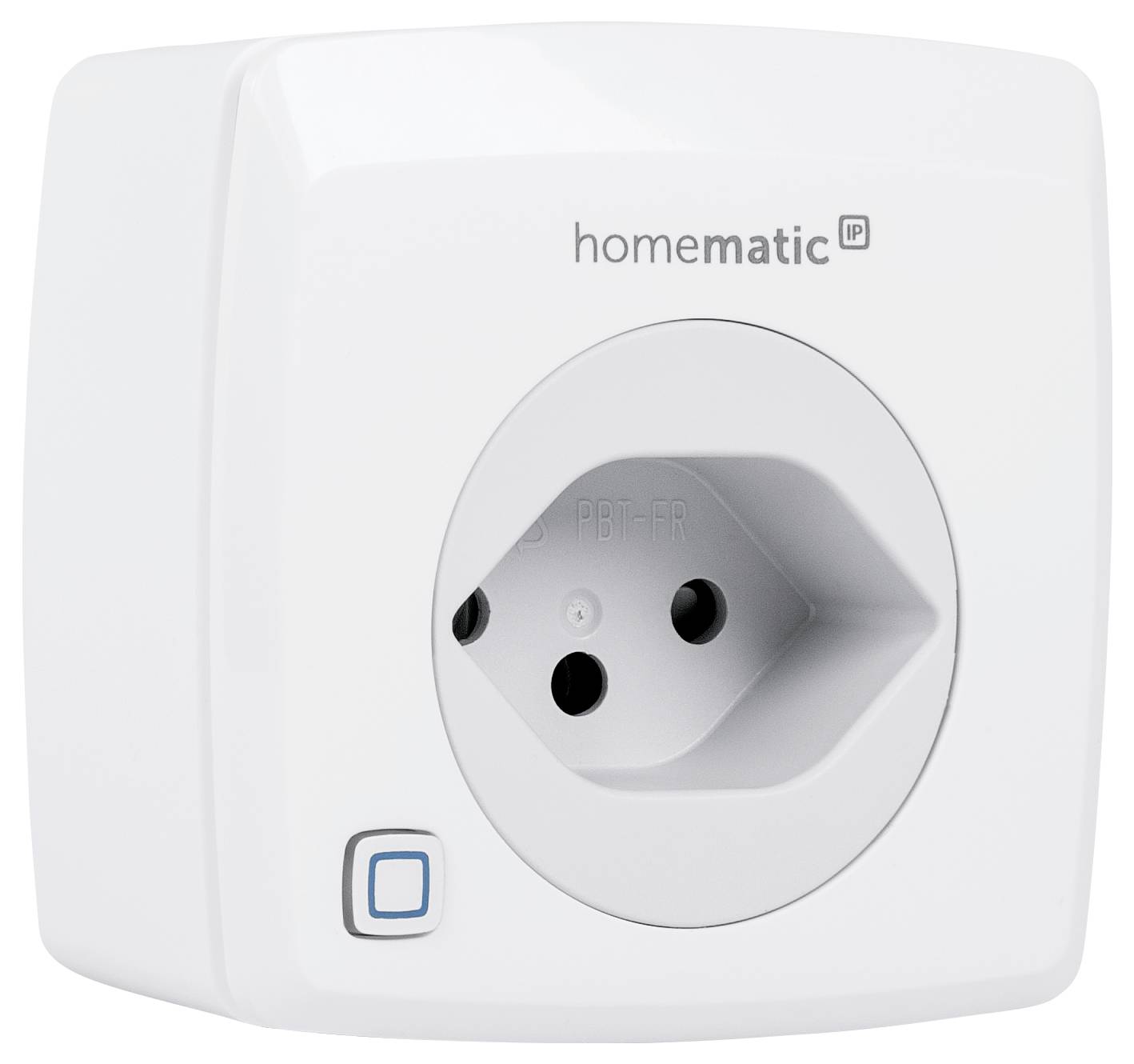 A smart plug from 'homematic IP' with a square shape and a round socket, suitable for intelligent home automation.