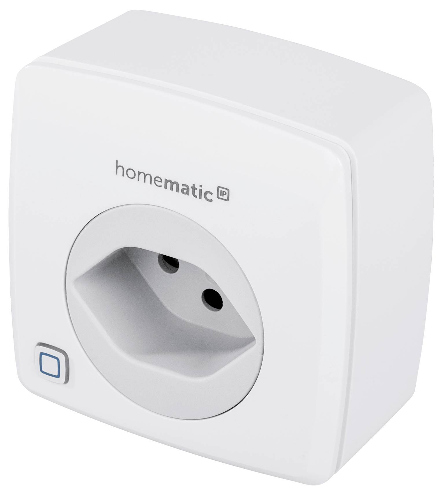 A white, square power adapter with 'homematic IP' printed on it and a switch located on the bottom left of the front face.