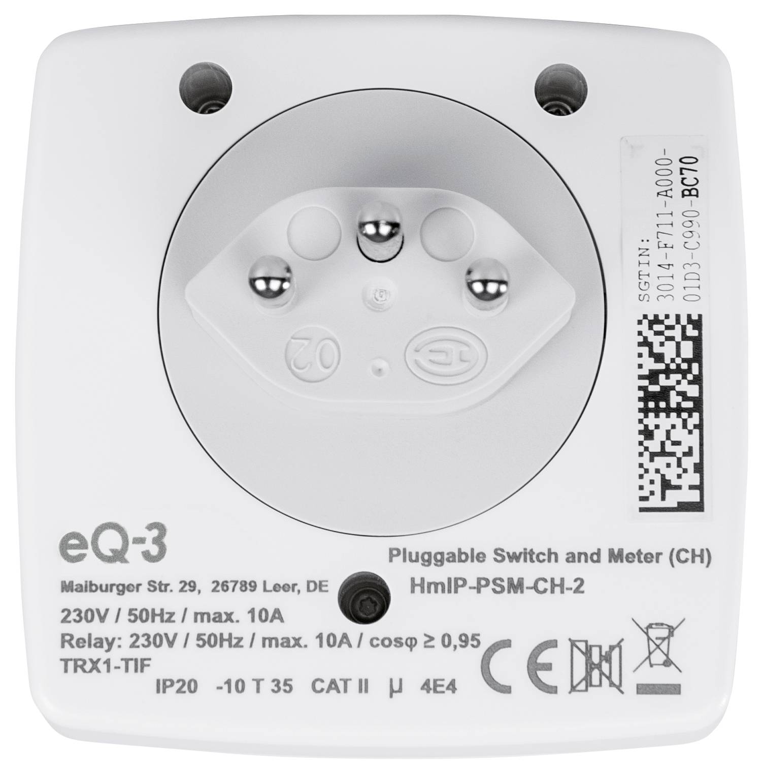 Back of a Pluggable Switch and Meter (CH) by eQ-3 with inscription 'HmiP-PSM-CH-2', technical specifications, QR code and connections.