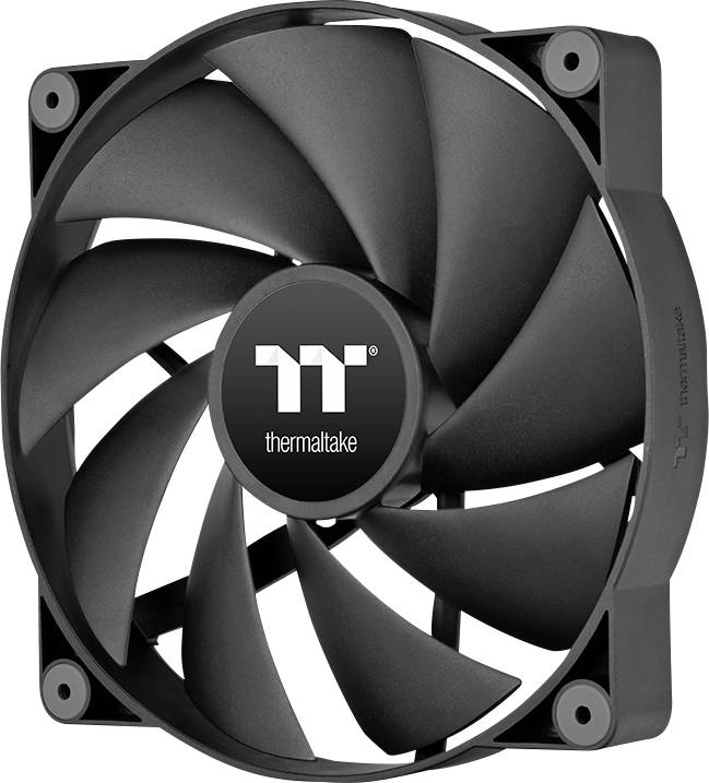 Black computer fan with nine blades and the 'Thermaltake' logo in the centre, used for cooling in computers.