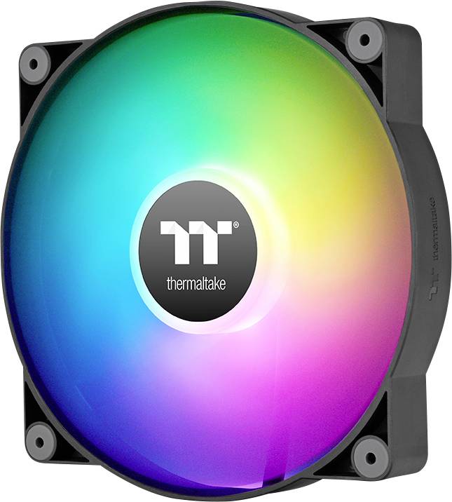 A computer fan with RGB LEDs displays glowing rainbow colours. The Thermaltake brand logo is situated in the centre.