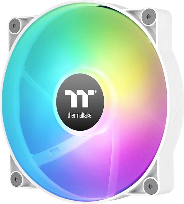PC fan with RGB lighting in rainbow colours. The centre features a brand logo.