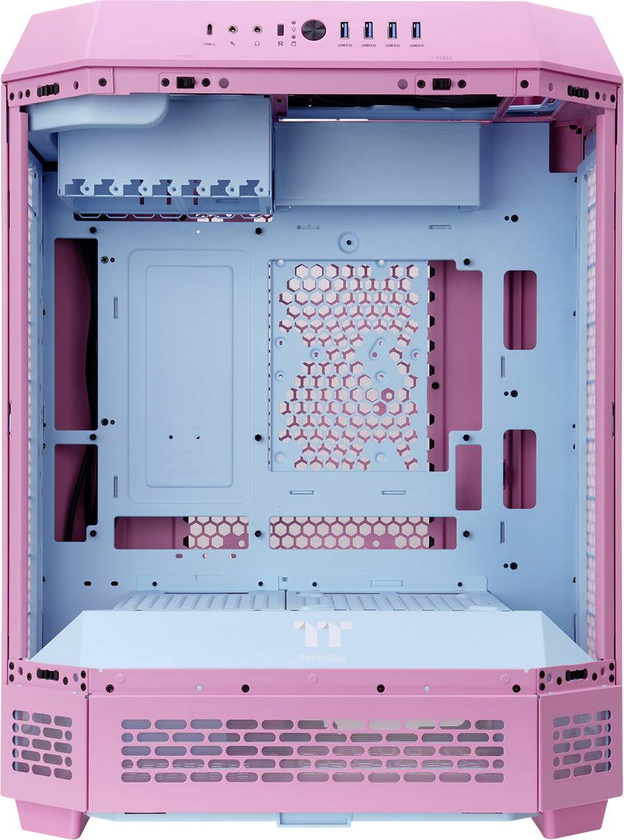 A pink and blue PC case, opened and empty, reveals a well-ventilated design for effective cable management and air circulation.