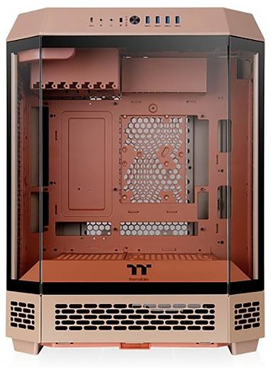 A PC case in pink with a glass front and side panels, showing internal mounting brackets for components and fan placement.