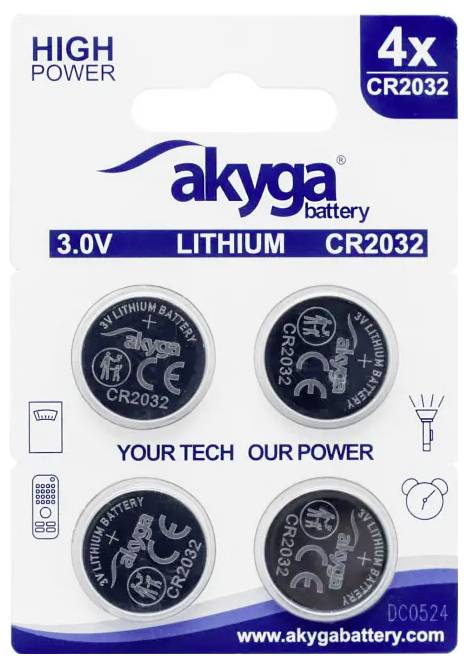 Four CR2032 lithium button cells, 3.0V, on a cardboard box labelled 'akgya'. Suitable for various electronic devices.