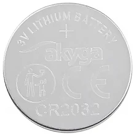 Round silver battery with engraving '3V LITHIUM BATTERY', 'CR2032', brand name, and small parts warning symbol.